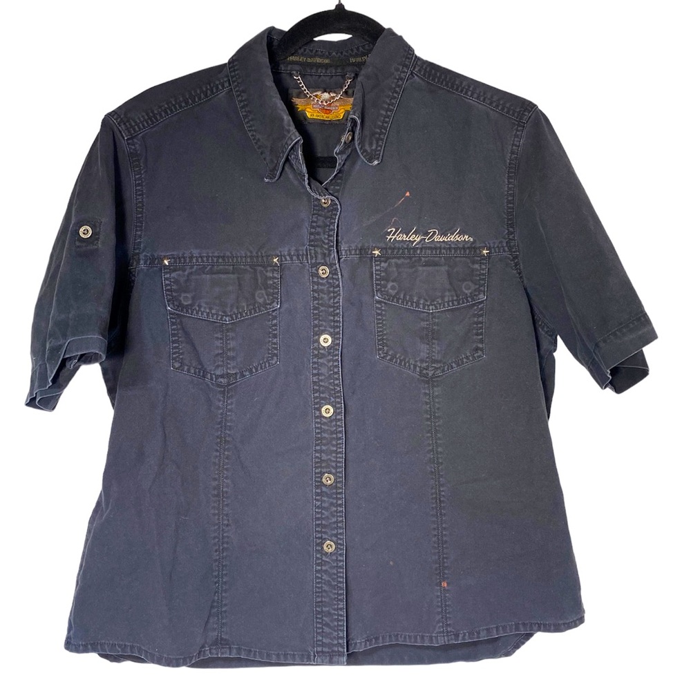 Harley Davidson Woman’s Button Down Distressed Black Shirt Size Medium